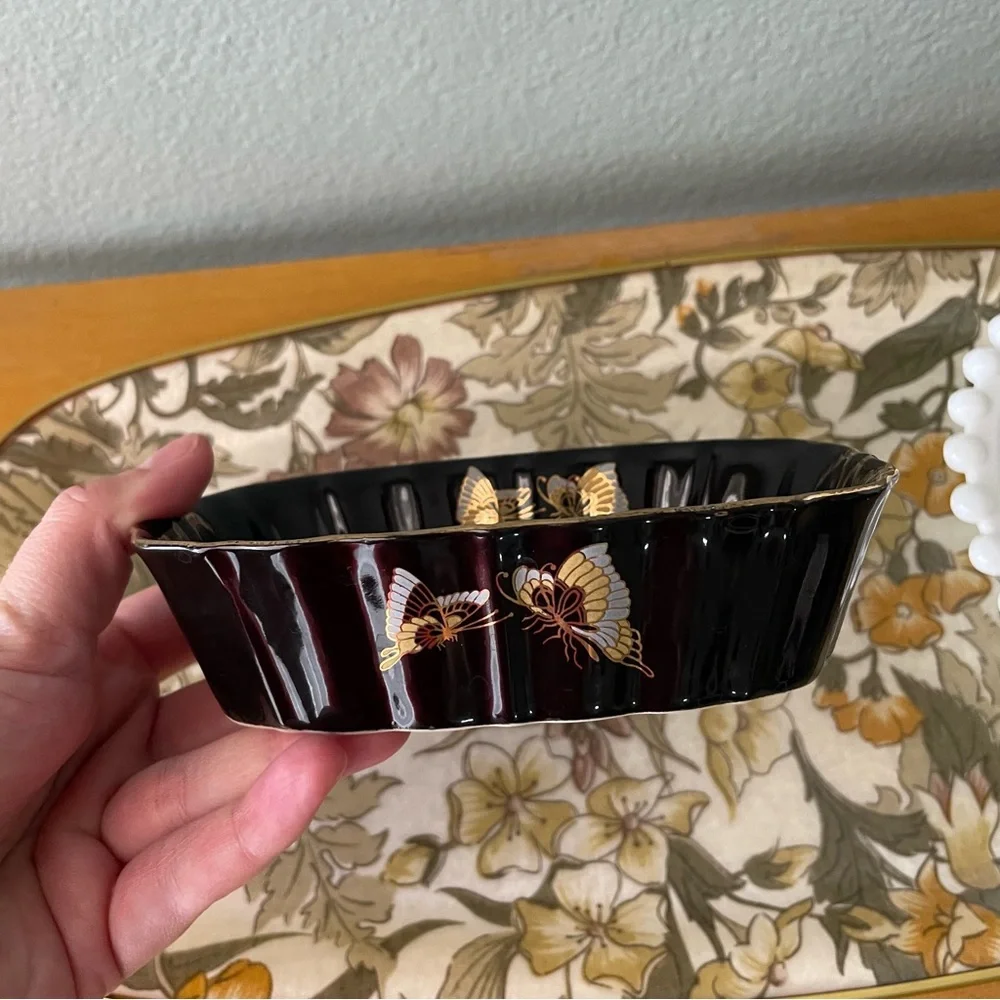 Kutani | Vintage Japanese Black Gold Iris Butterfly Soap Trinket Dish | Fairy
